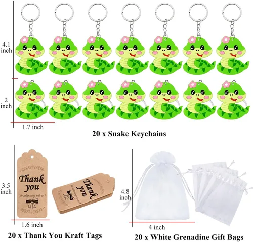 Vista 2 de El paquete de 60 recuerdos de fiesta de serpientes incluye 20 llaveros de serpiente, 20 etiquetas de agradecimiento, 20 bolsas de regalo para fiesta