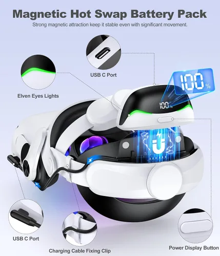 Vista 5 de Kawaye Head Strap for Meta Quest 3S/3/2, 6700mAh Hot-Swap Batteries for Oculus Head Strap Extend 2-3Hrs,Dual Dial Adjustable VR Headset Strap for