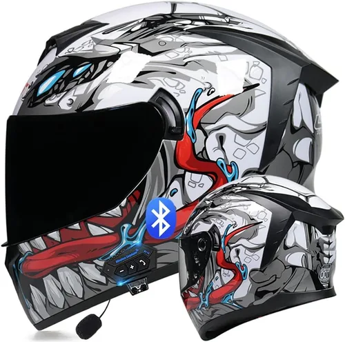 Vista 10 de Casco de motocicleta Bluetooth de cara completa abatible con micrófono, diseño de ala trasera aprobado por DOT, reducción de ruido con doble visera