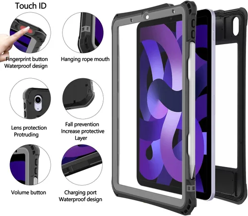 Vista 3 de Funda impermeable compatible con iPad Air de 11 pulgadas (M2)/5ª/4ª generación de 10.9 pulgadas, funda protectora de cuerpo completo con protector