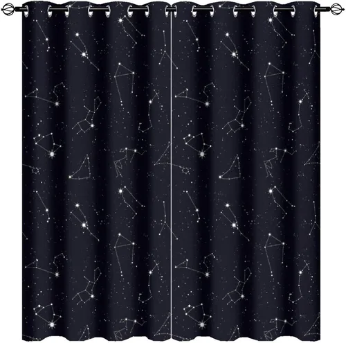Vista 77 de Cortinas opacas de constelación para sala de estar, arte moderno abstracto, negro, galaxia, blanco, patrón de símbolo de constelación