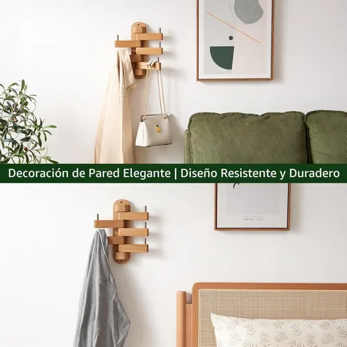 Vista 4 de Perchero giratorio para pared, ganchos de pared de madera de roble con 5 brazos plegables giratorios, estante de entrada para dormitorio, entrada