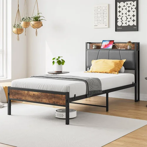 Vista 3 de Anwick Cama individual de metal, base de cama industrial tamaño individual con cabecera y 2 puertos USB, base de colchón resistente
