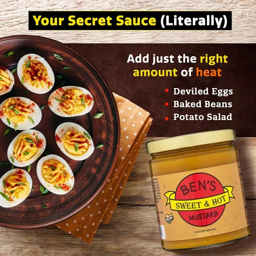Vista 4 de Ben's Sweet & Hot Mostaza picante salsa de mostaza y mostaza amarilla para untar delicatessen, mostaza natural, dulce y caliente, 8 onzas