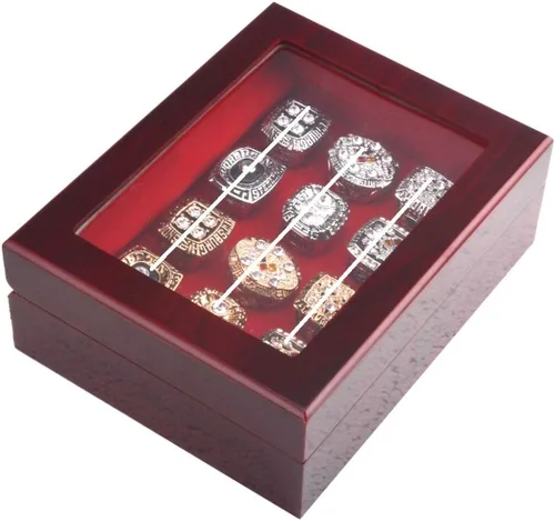 Vista 5 de JunningGor 12 Agujeros Campeonato Big Heavy Ring Display Case Joyero de madera Terciopelo Rojo Interior (Rojo)