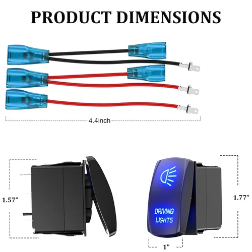 Vista 5 de Interruptor basculante de luces de conducción, SPST interruptor de palanca grabado con láser de 5 pines con LED azul y cables de puente, 12 V/24 V