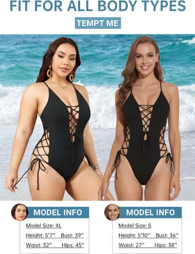 Vista 5 de Tempt Me - Traje de baño de una pieza para mujer, sexy con lazada, cuello en V profundo, corte alto