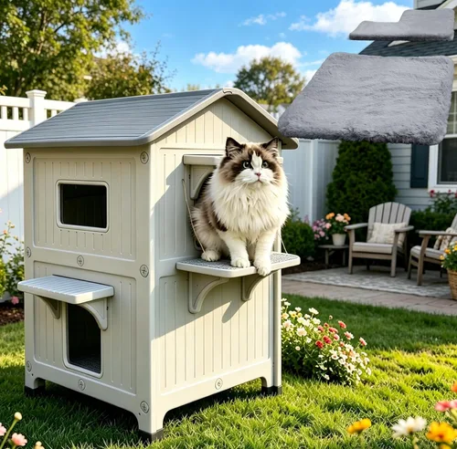 Vista 12 de Casa para gatos al aire libre, casas de 2 pisos al aire libre para gatos salvajes, refugio exterior de plástico, resistente a la intemperie