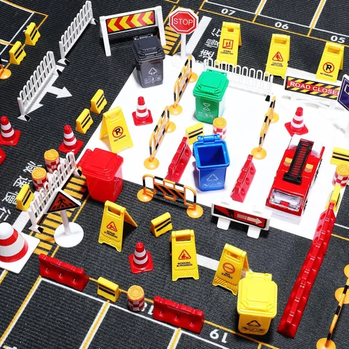 Vista 8 de Juego de 105 mini señales de tráfico de tráfico, mini conos de tráfico, juguetes de construcción, cubo de basura en miniatura, luz de cruce