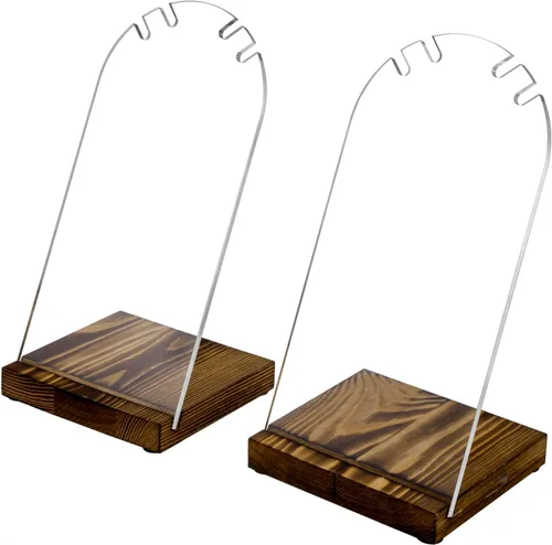 Vista 7 de MyGift Moderno soporte de collar doble de acrílico transparente con panel desmontable y base de madera maciza rústica quemada, soporte de caballete