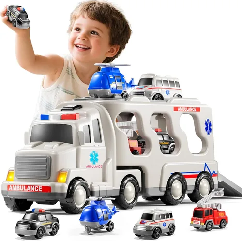 Vista 9 de Juego de Juguetes de Ambulancia para Niños Pequeños de 1-3 y 3-5 años, Juego de Camión Transportador con Coches de Juguete, Luz y Sonido, Juguetes