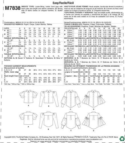 Vista 2 de McCall's M7838A5 Blusa holgada con botones para mujer, patrones de costura, tallas 6-14