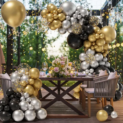 Vista 2 de Kit de guirnalda de arco de globos de Año Nuevo, suministros para fiesta de Año Nuevo 2025, globos negros, dorados y plateados, globos de confeti