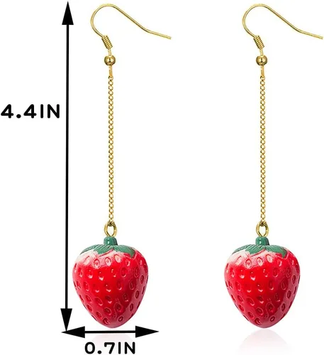 Vista 5 de Aretes colgantes de fresa para mujeres y niñas, aretes colgantes de fresa roja, aretes de fresa de imitación, aretes de gota de fruta acrílica 3D