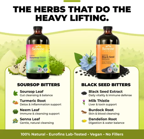 Vista 4 de Serene Herbs Paquete de líquido amargo de guanábana y semillas negras – Guanábana herbal orgánica para apoyo digestivo y salud inmunológica