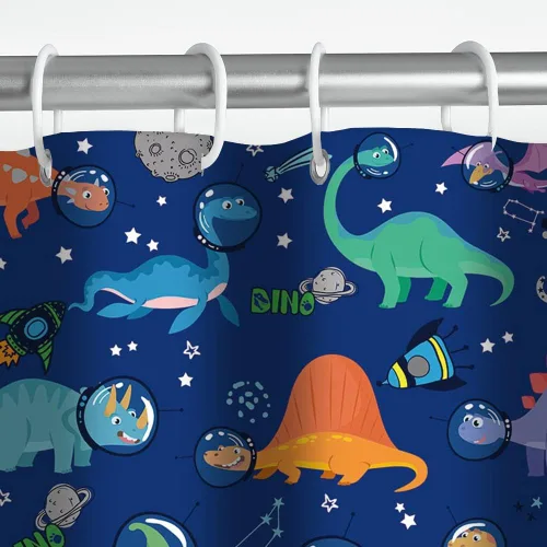 Vista 5 de MEHOFOND Cortina de ducha con diseño de dinosaurio para niños, diseño de animales divertidos de astronautas, dinosaurio, multicolor, tela