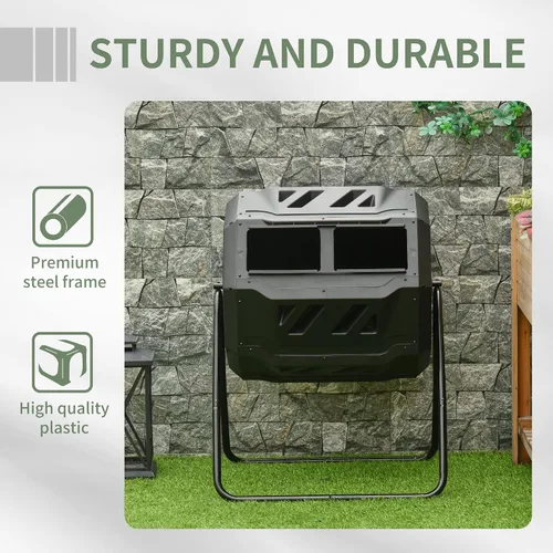 Vista 6 de Outsunny Cubo de compostaje giratorio para exteriores 360° de doble cámara, contenedor de compost de 43 galones, negro