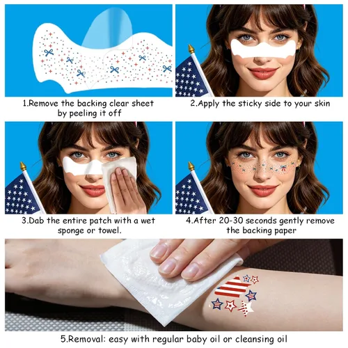 Vista 8 de Tatuajes faciales de pecas con purpurina para el 4 de julio, rojo, blanco y azul, 250 aniversario, estrella patriótica, tatuaje facial para mujeres