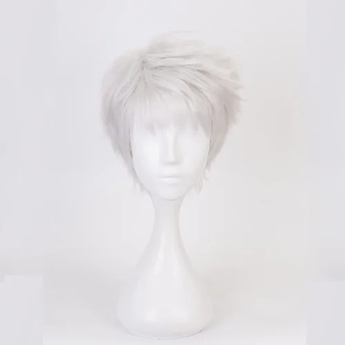 Vista 2 de Kalim - Peluca para cosplay, disfraz de anime Twisted Wonderland con pelucas cortas y rectas blancas plateadas para hombres o niños, fiesta familiar