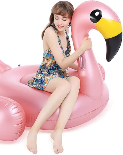 Vista 7 de Jasonwell Flotador inflable gigante de flamenco para piscina con válvulas rápidas, flotador de verano para playa, piscina de descanso, balsa