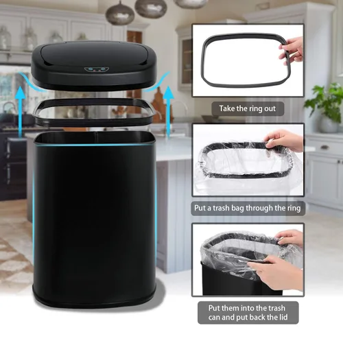 Vista 4 de HCY Basurero de cocina automático de 13 galones de acero inoxidable con tapa, inteligente para cocina, oficina, sala de estar, baño (negro)