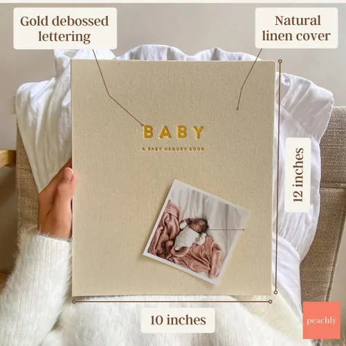 Vista 3 de Peachly Libro de recuerdos unisex para bebé, recuerdo minimalista para el primer año para los hitos, libro de bebé moderno y estético Scandi