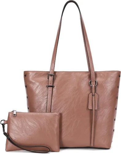 Vista 11 de KL928 Bolso de mano para mujer, bolso de mano de piel sintética, bolso de hombro grande, asa superior, monederos, juego de 2 piezas