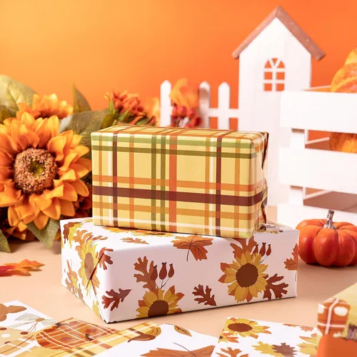 Vista 4 de RUSPEPA Hojas de papel de regalo de otoño, diseño de calabaza, girasol, hojas y cuadros, papel de regalo para Acción de Gracias, cumpleaños, regalos