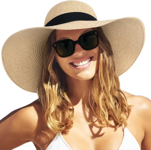 Vista 11 de FURTALK Sombrero de paja para mujer, ala ancha, UPF 80, sombrero de verano, plegable, plegable, flexible, para playa Beige