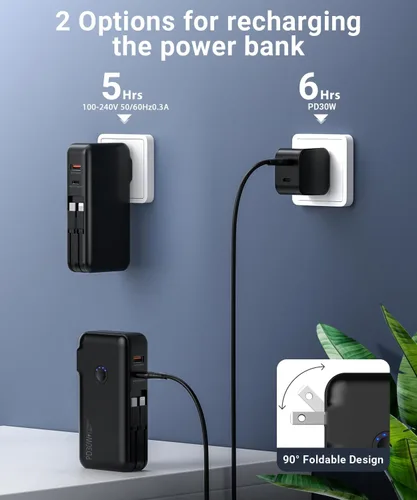 Vista 7 de QiSa Cargador Portátil, Banco de Energía, Banco de Energía de 16000mAh con Enchufe de Pared AC Incorporado y Cables, Cargador Rápido PD 30W y QC4.0