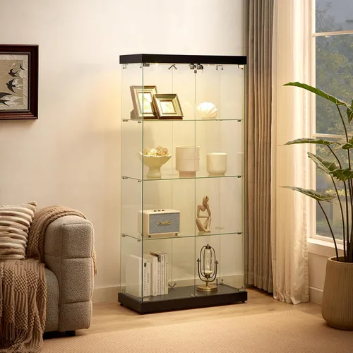 Vista 20 de Vitrina de cristal con luces LED y cerradura, vitrina Curio de 4 niveles con puerta de cristal, estantería de pie para sala de estar, dormitorio