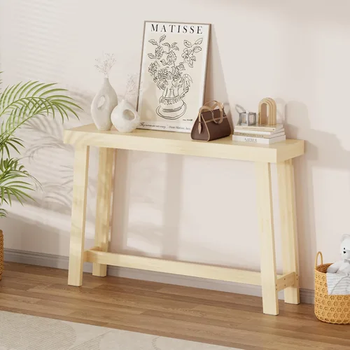 Vista 13 de Mesa consola estrecha de bambú de 47.2 pulgadas, mesa auxiliar de granja de 2 niveles, mesa de entrada rectangular, moderna mesa de sofá detrás