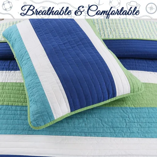 Vista 5 de Cozy Line Home Fashions Waylon - Juego de edredón reversible a rayas 100% algodón, color azul marino, verde y blanco, colcha