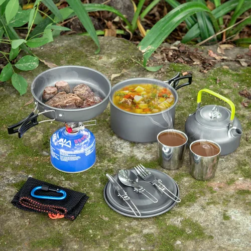 Vista 2 de Odoland Kit de utensilios de cocina para camping, olla ligera con 2 tazas, kit de cuchara de tenedor de acero inoxidable, gris para mochileros