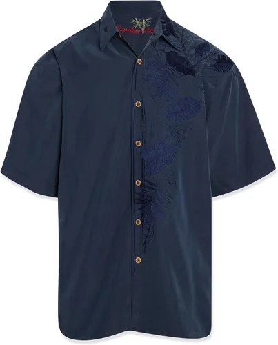 Vista 3 de Bamboo Cay Camisa tejida bordada casual de manga corta para hombre Island Leaf Nation Borgoña