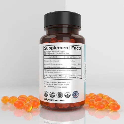 Vista 3 de Salud intestinal y cardíaca + apoyo inmunológico 1 mes de suministro 30 cápsulas de gel suave butirato puro de 350 mg y vitamina D3 2000 IU
