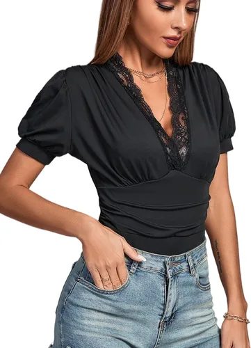 Vista 4 de LYANER Body de manga corta abombada con cuello en V y ribete de encaje para mujer