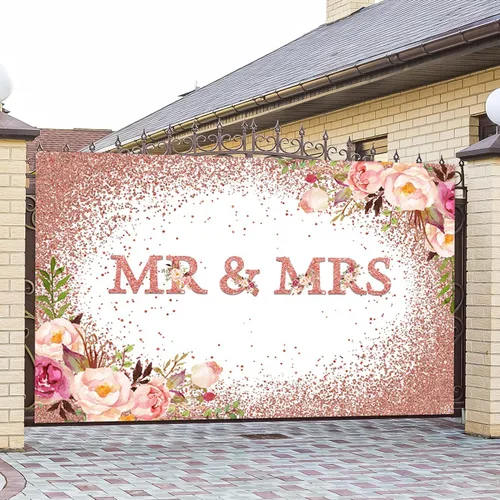 Vista 5 de Telón de fondo de boda de 5 x 3 pies con texto en inglés "Mr and Mrs Bridal Shower Fotografía", flores de oro rosa rosa con flores de novia