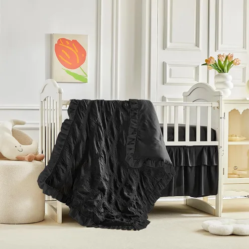 Vista 2 de Juego de ropa de cama para cuna con volantes, edredón acolchado boho para bebé con sábana ajustable y falda de cama - Ropa de cama con volantes