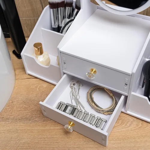 Vista 8 de Organizador de maquillaje de madera, organizadores de maquillaje de encimera con espejo, cajones, organizador de cosméticos para cepillos, cuidado