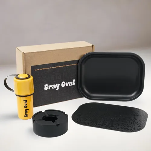 Vista 6 de Juego de Bandeja Rodante Negra con Tapa Magnética 7"x5" - Accesorios para Fumar de Gray Oval