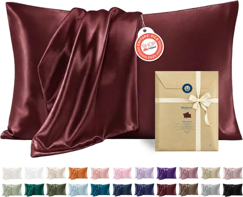 Vista 19 de Bedsure Paquete de 2 fundas de almohada de satén similares a las fundas de almohada de seda tamaño estándar, funda de almohada para mujeres que