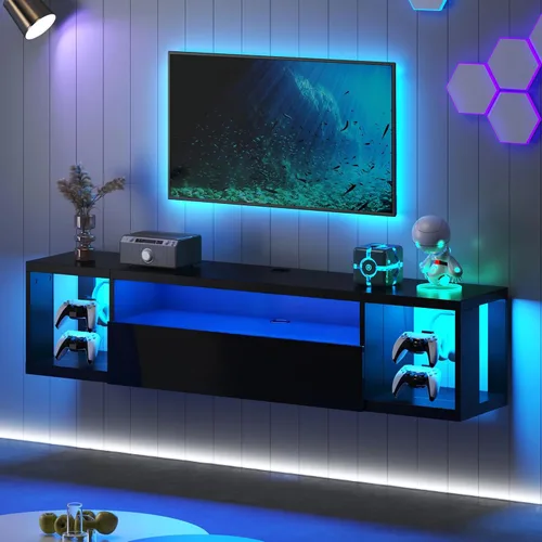 Vista 10 de DlandHome Soporte flotante para TV con luz LED, consola multimedia de 39.3 pulgadas, estante flotante para debajo del televisor con estante