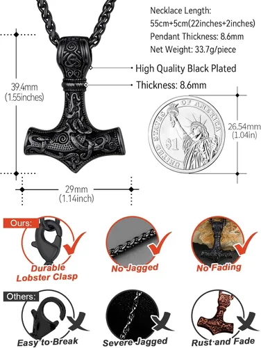 Vista 5 de FaithHeart - Collar con talismán de martillo de Thor vikingo para hombre, amuleto nórdico vintage de Mjolnir, colgante con cadena de trigo