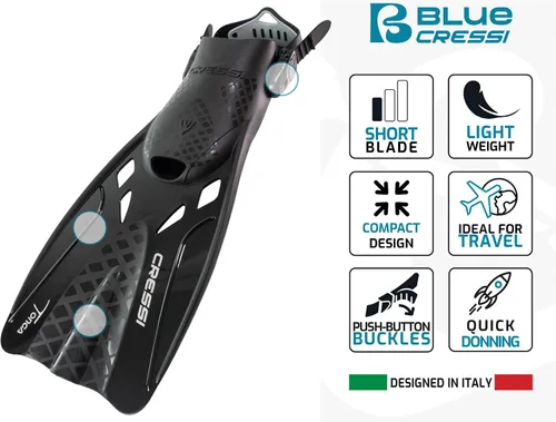 Vista 3 de Cressi Aletas de snorkel ajustables para adultos con hebillas ultra resistentes, muy ligeras, ideales para viajar - Tonga: diseñadas en Italia