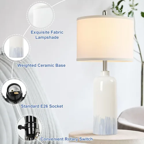 Vista 2 de Sucolite Juego de 2 lámparas de mesa de cerámica de 26 pulgadas, lámparas de mesa para sala de estar costera con pantallas de tela blanca, lámparas