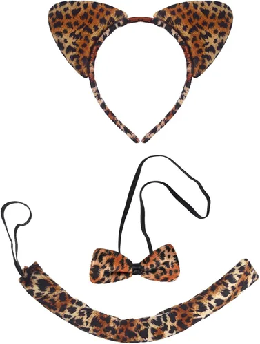 Vista 3 de Disfraz de fiesta temática de la selva para niñas pequeñas, vestido de tul + diadema de orejas + lazos + cola para sesión de fotos de Halloween