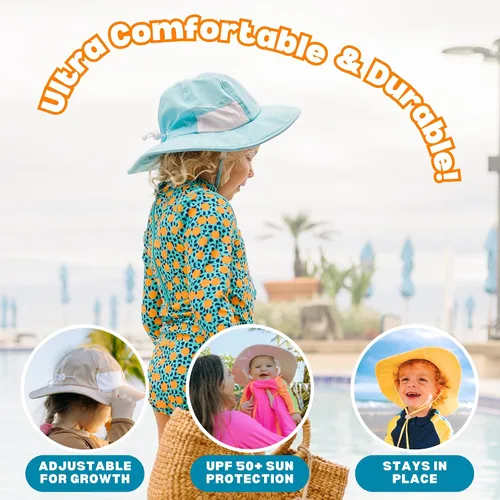 Vista 6 de SwimZip, sombrero unisex para niños, ala ancha, protección solar FPS 50, ajustable. Aguamarina