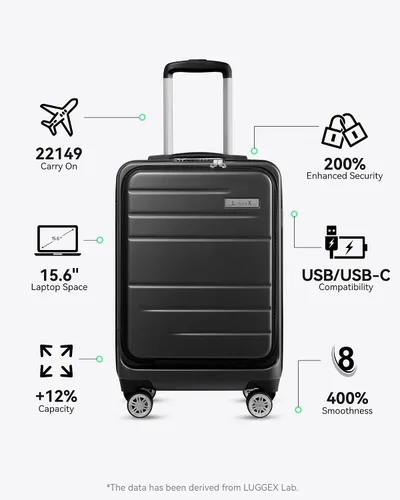 Vista 2 de LUGGEX Maleta de mano con bolsillo frontal, maleta rígida de policarbonato expandible con puerto USB, Negro -, Maleta de mano