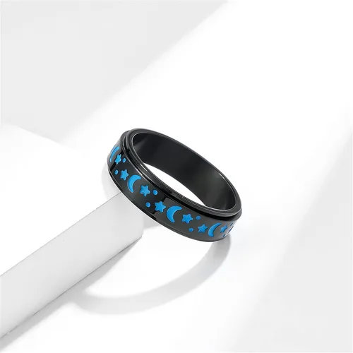 Vista 4 de Anillo Giratorio de Acero Inoxidable, Anillo Luminoso Rotatable de Luna y Estrella, Anillos de Dedo para Ansiedad, Anillo de Halloween, Anillo